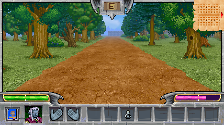 Arcane Sector game screenshot featuring a road going through the forest with a building in the background.