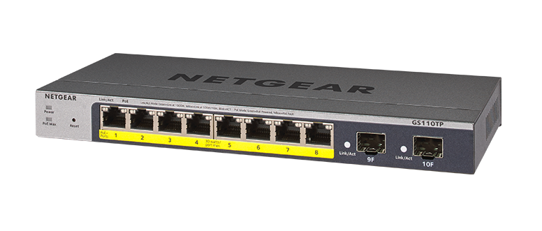 Photo of a NETGEAR GS110TPv3 switch.