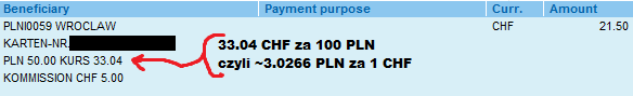 listing z banku na którym widać kurs przeliczenia 3.0266 PLN za 1 CHF