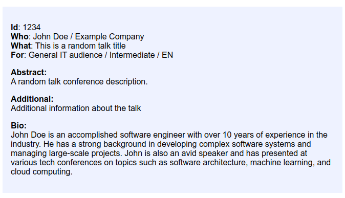 A screenshot of a web page with a single card with information about a conference talk like the title, description, language, and speaker's bio.