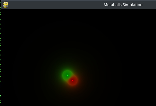 A screenshot of two metaballs in a much darker window. These are metaballs, but the output is significantly different than the previous one.