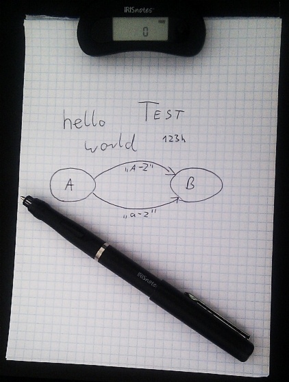 kartka w kartkę A5, na górze przyczepiony odbiornik, na karce napisane -hello world TEST 123h- i narysowany graf, oraz położone pióro