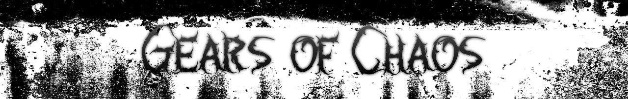 Name of the vulnerability - Gears of Chaos - in a black horror-style font on stained white-and-black background