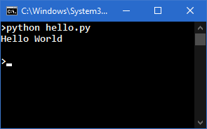 Windows console showing a python script hello.py being run. It obviously outputted the text: Hello World.