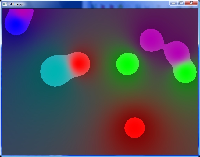 A screenshot of colorful 2D blobs called metaballs in a window.