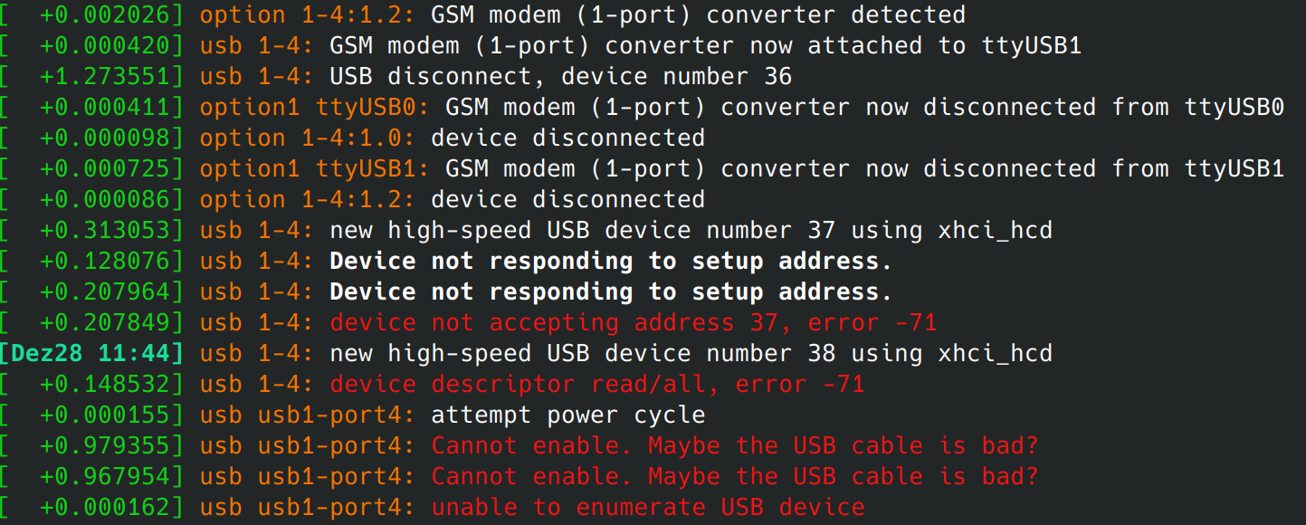 Screenshot of the USB device randomly disconnecting and connecting, with the kernel finally saying 'unable to enumerate USB device'